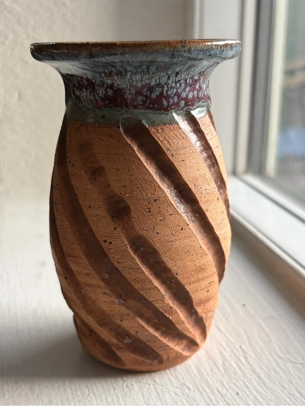 Handcrafted Studio 4.5” Pottery Bud Vase Carved Spiral Pattern Drip Glaze Rim